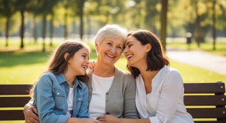 Three generations of happy women laughing on a park bench on a sunny afternoon