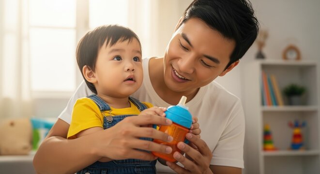Loving asian father guiding his toddler son to drink from a colorful sippy cup at home