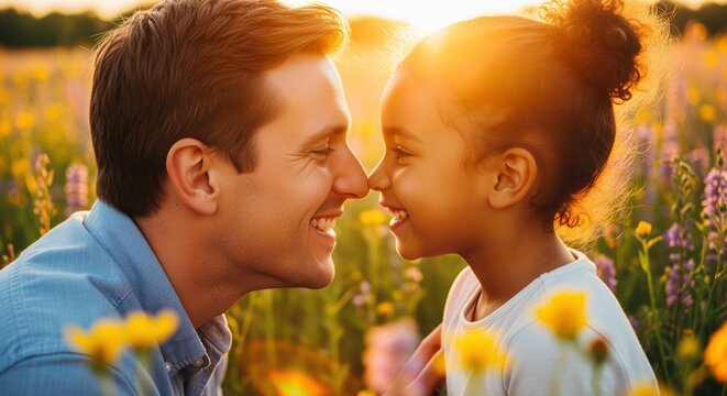 Loving caucasian father and biracial daughter share a joyful nose touch in a sunny flower field - Powered by Adobe