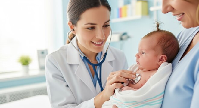 Pediatrician gently examining a newborn baby with a stethoscope during a routine check up