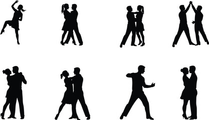 Romantic couple silhouettes dancing together, showing love, joy, passion, happiness, relationship bonding, affection, and romantic emotional connection in motion