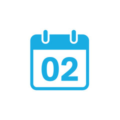 Blue Calendar Icon with '02' Date on Transparent Background, Appointment Flat Symbol
