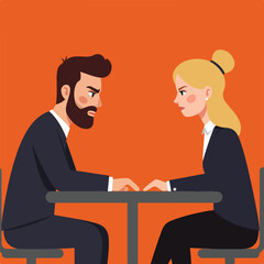 Fototapeta premium Two business people, an angry man and woman, sit at a table facing each other