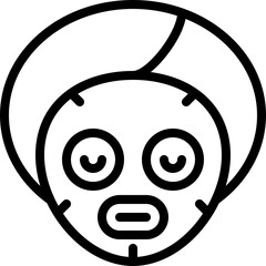 Simple Line Art Icon of a Woman's Face Wearing a Sheet Mask with Closed Eyes and Wrapped Hair on a Transparent Background