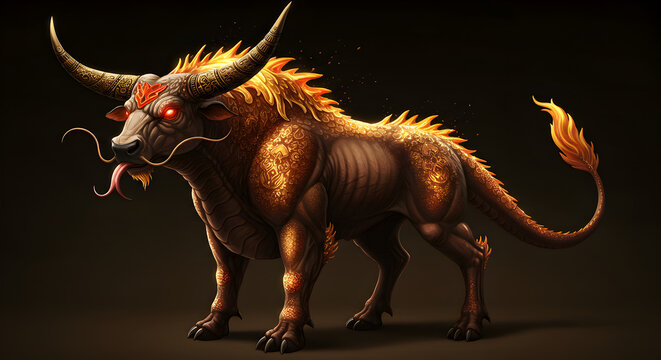 Powerful mythical fire bull with glowing red eyes, metallic golden skin patterns, and fierce burning flames on its back