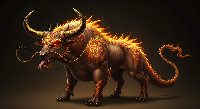 Powerful mythical fire bull with glowing red eyes, metallic golden skin patterns, and fierce burning flames on its back