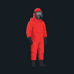 Full body illustration of a person in a red hazmat suit and gas mask