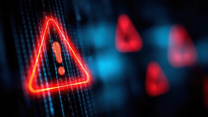 A digital render depicts a glowing red warning symbol, with data stream background and blurred shapes - Powered by Adobe