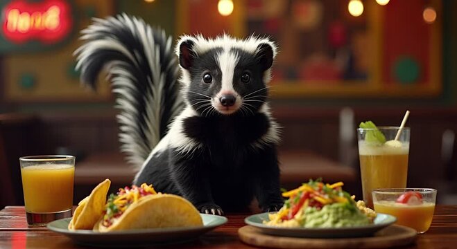 A skunk sits at a table in a cozy diner, surrounded by plates of tacos and guacamole, with a glass of orange juice nearby