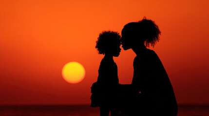 Silhouetted mom and child embracing, sun setting beautifully behind with a dark horizon