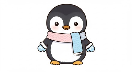 Obraz premium Adorable cartoon penguin joyfully dressed in a colorful scarf and mittens bringing winter cheer.. AI Generated