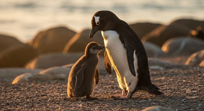 A caring adult penguin gently watches its fluffy chick shimmer in beautiful warm golden light.. AI Generated