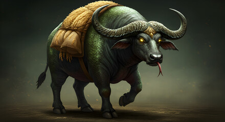 Obraz premium Mystical green water buffalo carrying heavy cargo sacks on its back, conceptual fantasy beast of burden