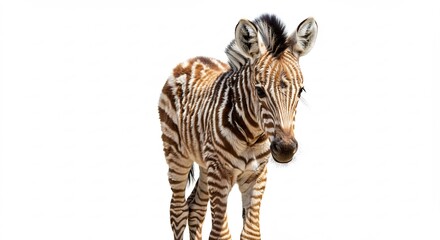 Obraz premium Adorable baby zebra foal standing brightly lit isolated on a pure white background showcasing its unique stripes. AI Generated
