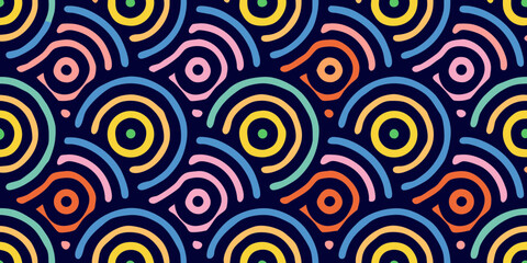 Vibrant abstract seamless pattern with colorful concentric circles and arcs on a dark blue background