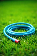 Neatly Coiled Blue Garden Hose on Lush Green Lawn, Ready for Summer Watering