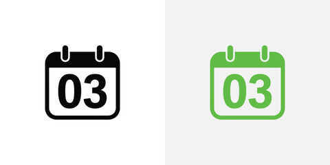 Calendar Icon with Day 03 in Black and Green Color Variations on White