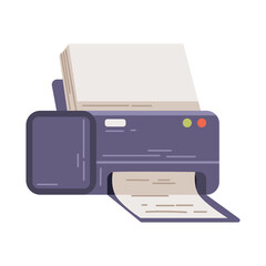 Purple Printer Printing Documents with White Paper Stack on Transparent Background
