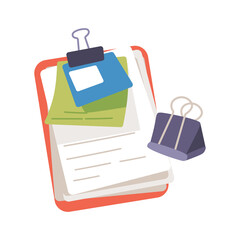 Illustration of Office Supplies a Red Clipboard with Paper and Post It Notes with Paper Clip on Transparent Background