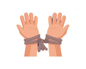 Fototapeta premium Male hands tied with a rough rope at the wrists close-up on a dark background, soft focus. Conceptual image of violence, slavery, dependence, lawlessness, lack of ... See More
