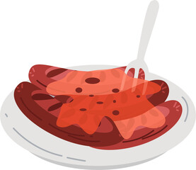 Cartoon Illustration of Sausage Meal on Plate with Fork and Transparent Background