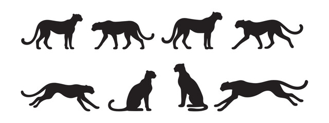 Sleek cheetah silhouettes in dynamic poses offer versatile design elements for branding, wildlife projects, and modern logo creation with a touch of fierce elegance