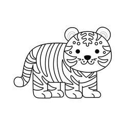 Cute Tiger Illustration for Kids Coloring Book — Black and White Line Art