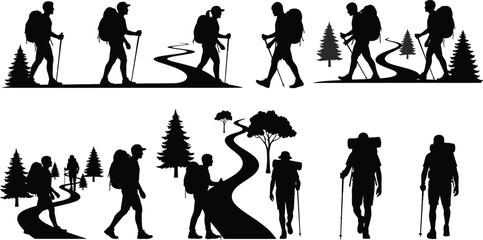Obraz premium Silhouette of hikers walking on forest path with backpack, trekking adventure illustration, mountain exploration, outdoor travel and wilderness journey design