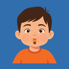 Obraz premium Cartoon boy with puffed cheeks and whistle