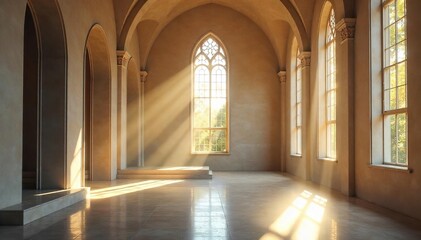 Obraz premium Serene Sunlight Illuminates Minimalist Chapel Dust Motes Dance in Peaceful Contemplation