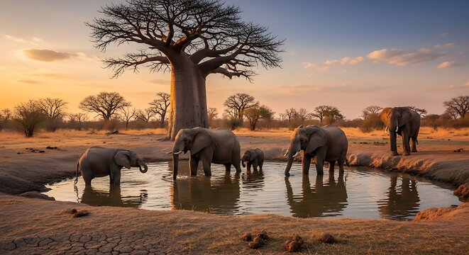 Elephant family sunset watering hole.