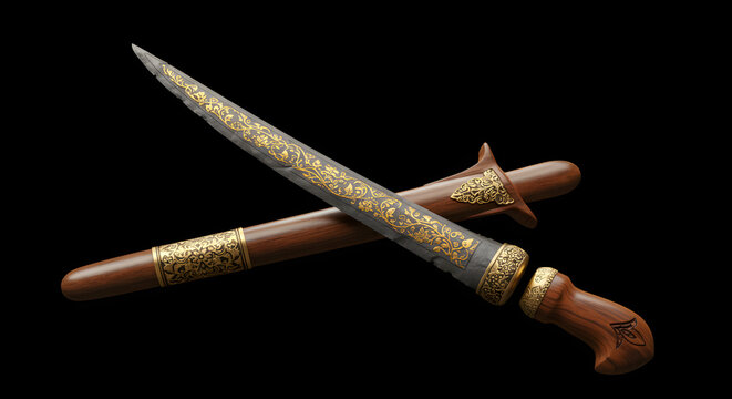 Traditional Indonesian keris dagger with ornate golden details and carved wooden sheath. A symbol of heritage, honor, and craftsmanship from Javanese and Balinese culture, captured with elegant studio