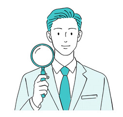 虫眼鏡（ルーペ）を持ってこちらを見るビジネスマンの線画イラスト,調査,分析,検索,発見