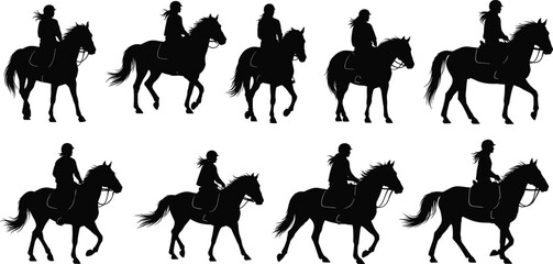Silhouette of people riding horses in motion, equestrian art illustration, horseback riding design, animal sport, outdoor adventure and nature concept