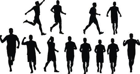 Silhouette of running and jumping football players showing energy, movement, strength, fitness, and teamwork concept isolated on white background