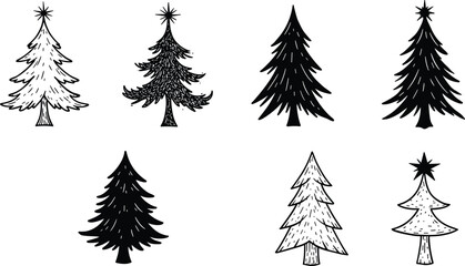 Christmas tree silhouette collection, holiday vector artwork, festive black design, seasonal decoration graphic, winter plant illustration, star topped tree