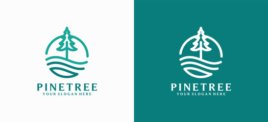 Pine tree logo. Vector illustration of a pine tree logo design with a river wave symbol. © SURYANI