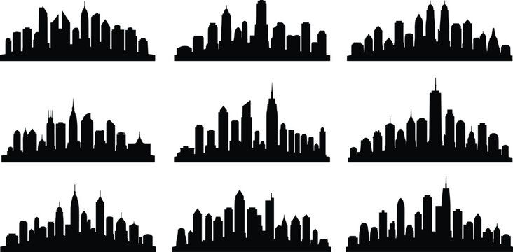 City skyline silhouette icons, urban landscape, skyscraper buildings, modern architecture, downtown design, metropolitan horizon, night cityscape, urban planning illustration