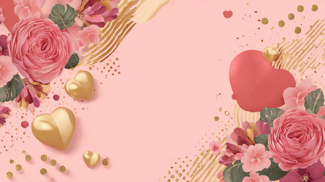 Floral and heart-filled design on a pink backdrop with decorative golden accents, dots and wave-like patterns