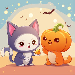 Halloween Friends Cute Cat and Pumpkin with Candy Corn under Batty Skies