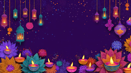 Festive celebration with lanterns, flowers, and candles against a dark purple speckled background
