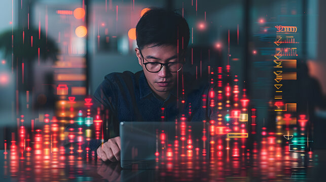 futuristic business image, businessman working with laptop with flashes of light and holograms