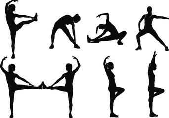 Silhouette of woman doing yoga and stretching exercises, flexibility workout, balance training, fitness poses, healthy lifestyle and body movement illustration