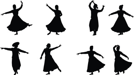 Dance silhouette icons, cultural dancer poses, flowing costume movement, traditional performance, expressive choreography, stage art, artistic expression, classical dance illustration