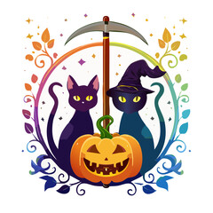 Halloween Cat & Pumpkin Scene with Scythe Illustration