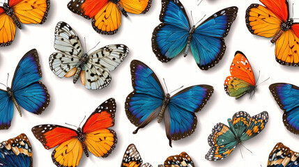 Butterflies Array of colorful butterflies with varied wing patterns on a seamless, bright, white background