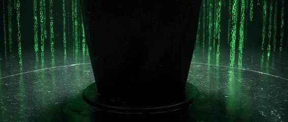 A hacker-themed 3D animation featuring a glitching pedestal with falling green digital code. Perfect for cybersecurity, tech, coding, or cyberpunk presentations. - Powered by Adobe