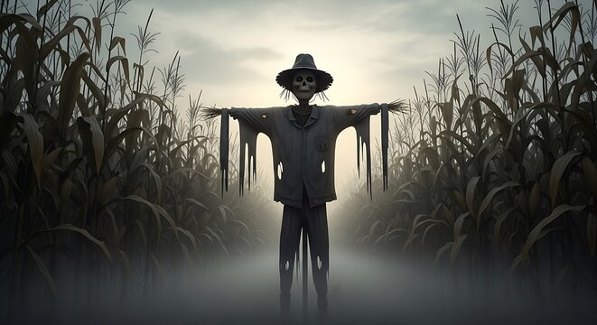 Spooky Scarecrow Cornfield Fog.