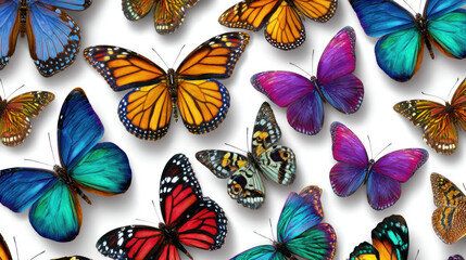 Assorted colorful butterflies with intricate wing patterns scattered against a bright white background