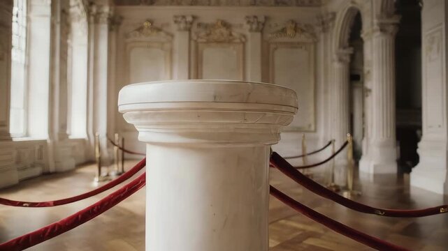 A classic museum scene with an empty display pedestal behind red velvet ropes. Ideal for showcasing priceless items, luxury goods, awards, or exclusive concepts.